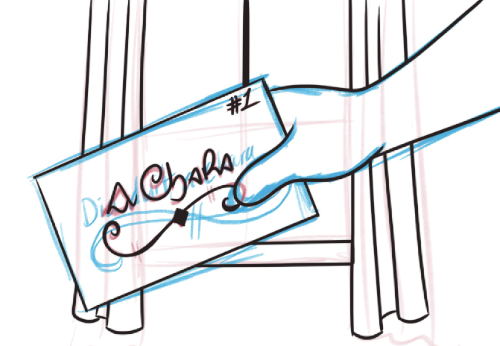 An ink drawing of Cat Modean's hand holding an envelope. On the envelope is the Irish phrase 'A Chara.' A window with curtains is in the background.