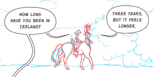 A screenshot of a webtoon panel currently in progress. There is a country road with grass and small foliage sketched in blue lines. In the foreground, a female centaur carries Cat Modean on her back. Both are sketched in one layer of blue pencil. A red sketch layer has refined details. Cat asks, "How long have you been in Ireland?" The centaur replies, "Three years, but it feels longer."