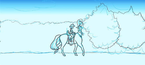 A screenshot of a webtoon panel currently in progress. Rough blue sketch lines show Cat Modean riding a female centaur's back. Around them are the paved road and low bushes on the side of the road. Dark brown ink lines have refined the images. Behind them, a gradient ranging from dark blue to light blue represent the daylight sky.