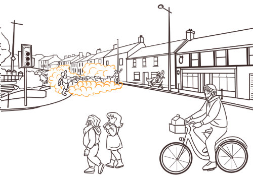 A line drawing of an intersection in Cork, Ireland. In the foreground, a Sikh man rides a bicycle, and two dwarves--one male, one female--walk across the wide intersection. In the background, on the left, two men cast a barrier spell across the span of a road. A golden cloud rises to block a herd of sheep. On the right side, Cat Modean and her centaur companion run beside a row of houses.