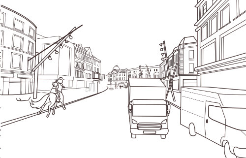 A digital ink drawing of St. Patrick's Street in Cork City, Ireland. Dunnes Stores on the right. Penneys is on the left. Cat Modean and the centaur are galloping in a bike line on the left.