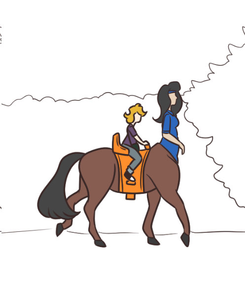 An ink drawing of Cat Modean riding a centaur along a country road. Both are colored in. Cat has blonde hair, a purple shirt, and grey jeans. The centaur has dark grey hair, a blue polo shirt, a brown coat, and an orange saddle.