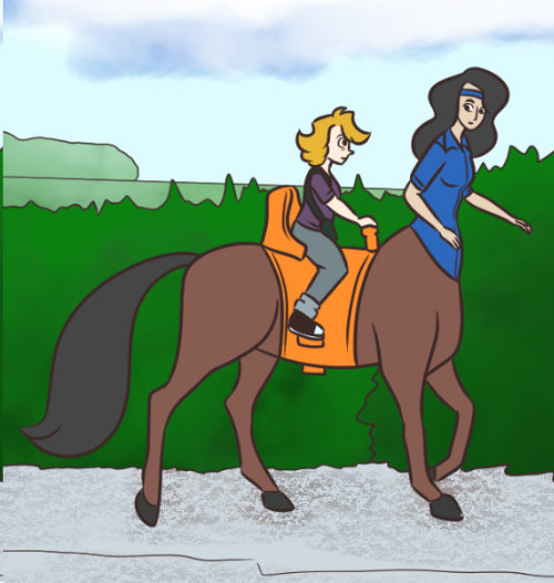 Cat Modean and the centaur traveling along the country road. The scene is completely colored in. The trees, field, and bushes are green. The road is asphalt grey.