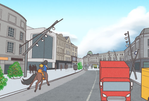 A full color drawing of Patrick's Street in Cork City. Cat Modean and the centaur are running in the left lane on the road, toward a series of tall shop buildings.