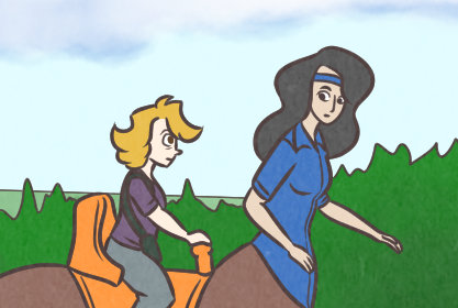 Screenshot of Cat Modean and a centaur traveling along a country road.