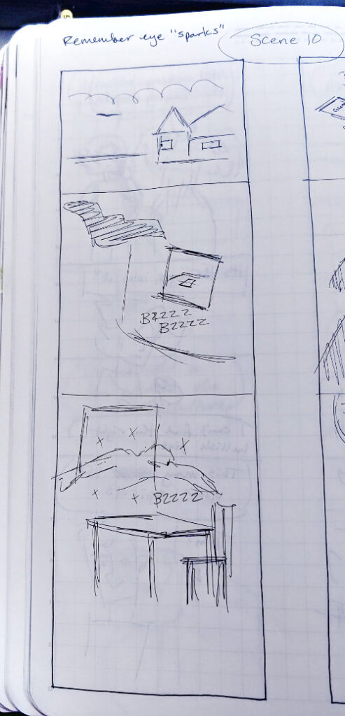 Rough ink sketches in a notebook. Panel 1 shows a cottage with a crow flying in from a forest. Panel 2 shows a crow flying toward an open window; a phone buzzes on a table inside the cottage. Sound effect: BZZZ BZZZZ. Panel 3 shows an outline of a crow growing in size, surrounded by sparks; it hovers over a table and chair.