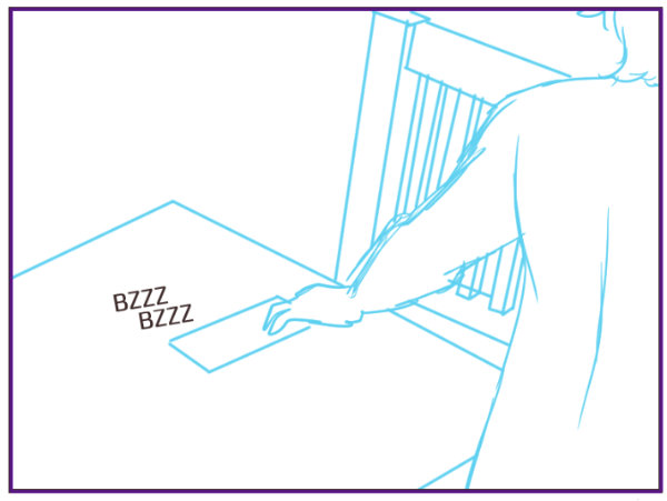 A digital blue pencil sketch. A slightly downward view of a table and chair. A vibrating phone is on the desk. A naked man reaches for the phone, with his arm and part of his back visible to the viewer.