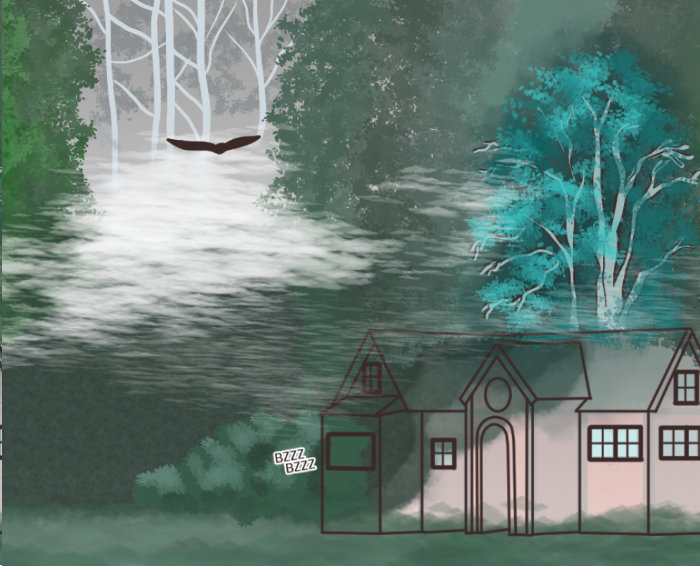 A dreary, misty forest. Trees in varying shades of grey and green fill the background. A tree with glowing teal leaves sits behind a bungalow. A crow flies in through the mist. A cell phone's buzzing sound effects hang out an open window.