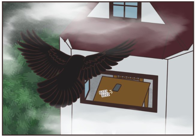 Mist surrounds a crow as it flies toward an open window. Inside the room, a table, chair, and phone can be seen. The phone vibrates: BZZZ BZZZ.