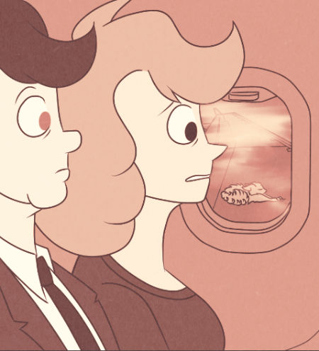 A reddish sepia-toned flashback panel. Cillian and Cat look out the window to see the gremlin hunkered down for a nap on the plane wing. Cillian looks at Cat, who appears worried.