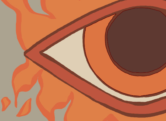 A section of a medieval-inspired piece shows an eyeball with red eyelids and flaming eyelashes.