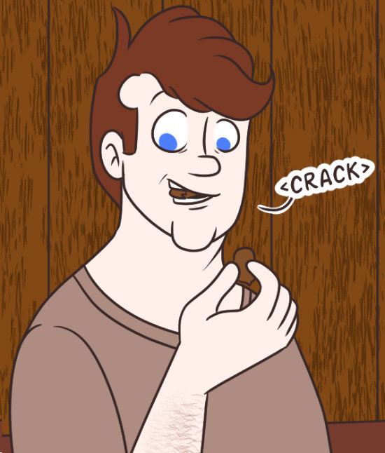 Cillian happily cracks an acorn between his teeth while holding another between his finger and thumb.