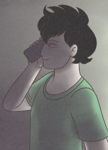 Tab stands in his darkened studio talking on the phone. He has a small smile.