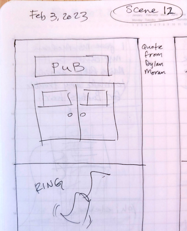 A notebook page with a grid pattern. There are ink drawings and writings. The top panel shows a poorly sketched double door with a 'PUB' sign over them. Beside the panel is a note: Quote from Dylan Moran. Below is the second panel with a crappy bell ringing and the sound effect RING.