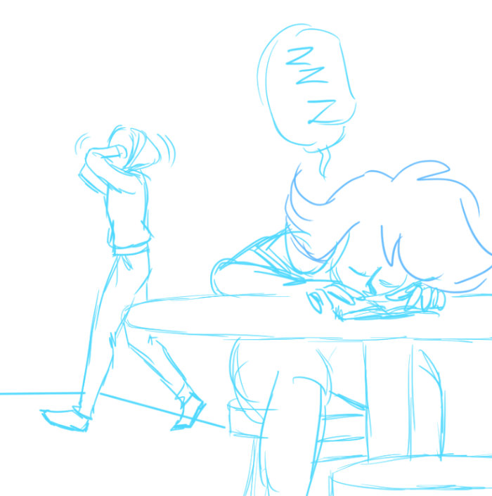 A rough blue sketch of a pub scene. Cat Modean is asleep, resting her head on a table. In the background, a man walks by and pulls down his hoodie.