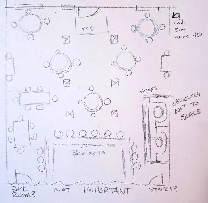 A pencil sketch of an Irish pub. Notes in the margins include 'Cat sits here-ish', 'Obviously not to scale', 'back rooms?', 'stairs?' and 'Not important'.