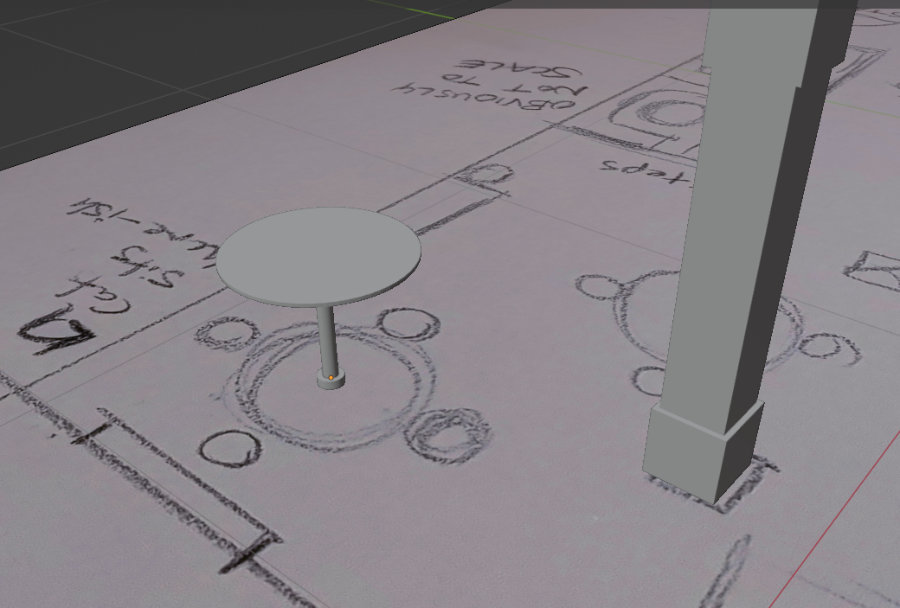 A screenshot of a Blender model in progress. A pub table and pillar/column have been placed over a reference blueprint.
