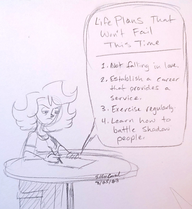A pencil sketch of an irritated Cat sitting at a pub table. She's writing something on paper. A bubble reveals her list: Life Plans That Won't Fail This Time. - 1. Not falling in love. - 2. Establish a career that provides a service. - 3. Exercise regularly. - 4. Learn how to battle shadow people.