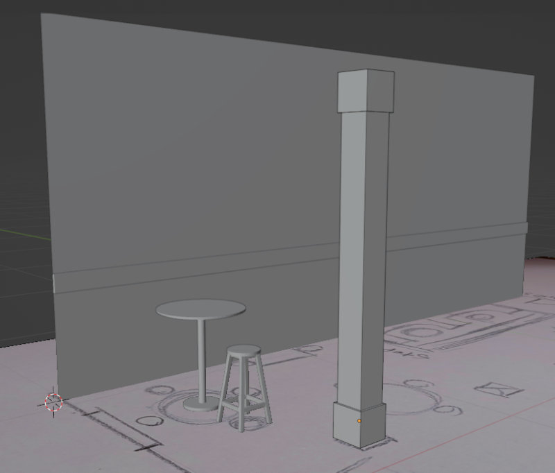 A Blender model of a pub featuring a wall, a table, a stool, and a pillar.