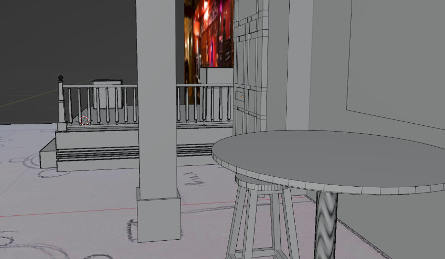 A Blender model of a pub as seen from a corner. A circular table and stool are in the foreground. A pillar, music stage, and a reference image for a real music stage are in the background.