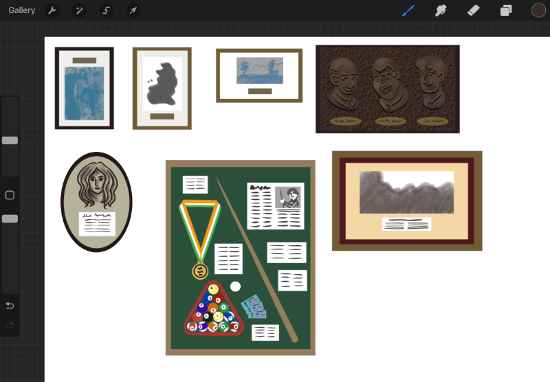 A series of drawings meant to be turned into wall decor. These include a vague blue map, a vague map of Ireland, a vague blue landscape, a bronze depiction of three founders, a poem with a stylized bust over it, a collection of a pool player's artifacts, and another vague grey landscape.