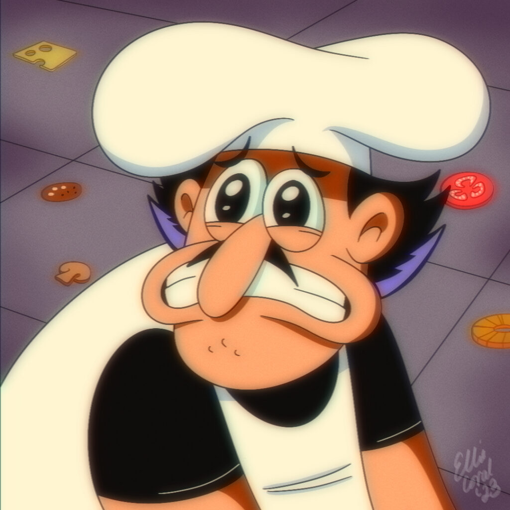 Peppino Spaghetti in the Sailor Moon redraw challenge pose, looking like he's about to cry. Scattered around the floor are bits of cheese, sausage, mushroom, tomato, and pineapple.