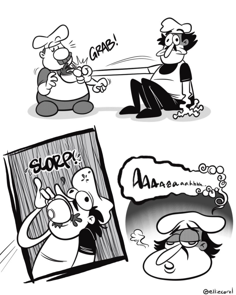 PAGE 4 - Panel 1: With a thousand-yard stare, Peppino stretches his arm out to grab the cup from Gustavo. Gustavo looks alarmed as the cup sloshes near his face. - SFX: GRAB! - Panel 2: Peppino jams the cup between his lips, splashing coffee over his lips. - SFX: SLORP! - Panel 3: Peppino looks deflated yet relieved as he sighs. His speech bubble is jagged on the left side but morphs to a swirly, bubbly shape as he relaxes. - Peppino: AAAAaaaahhh...