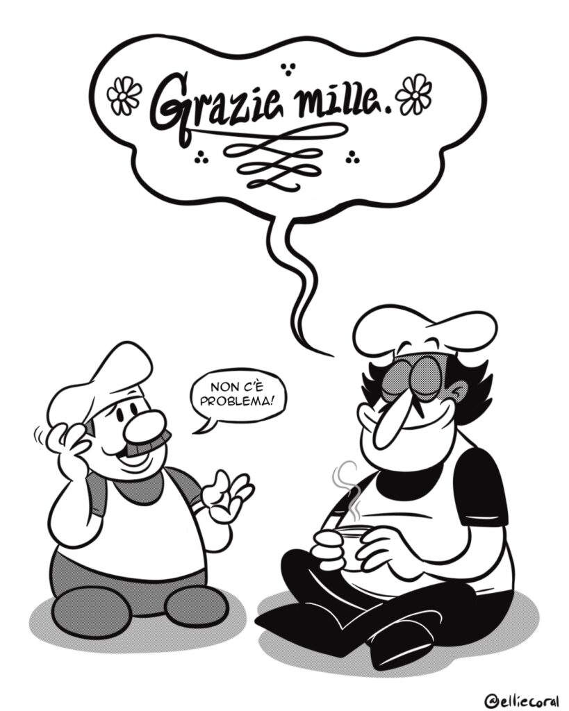 PAGE 5 - Peppino is at peace, sitting cross-legged as he holds the cup. His eyes are closed and there's a wide smile on his face. Gustavo scratches his head, confused and perhaps amused by what he just witnessed. Peppino's speech bubble is wavy with handlettered text, flowers, and dots for effect. - Peppino: Grazie mille. - Gustavo: Non c'è problema!