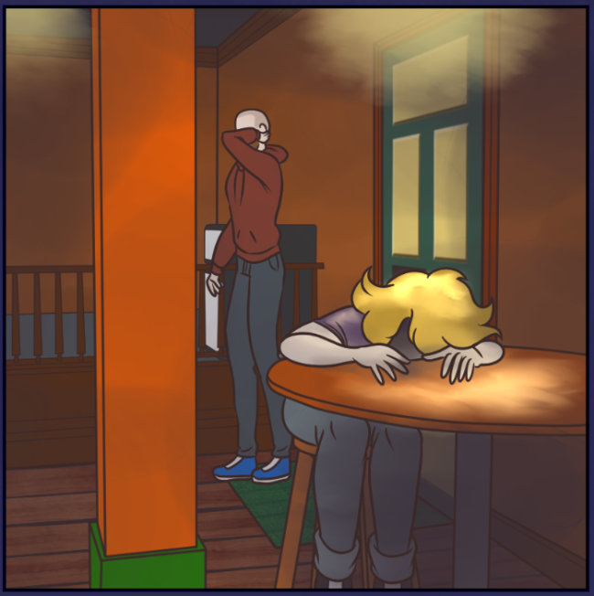 A comic panel of a dim pub interior. Cat Modean, a blonde woman, has her head on a table; her face is obscured in shadow. Behind her, a man in a rusty red hoodie is lowering his hood, obscuring his face with his arm.