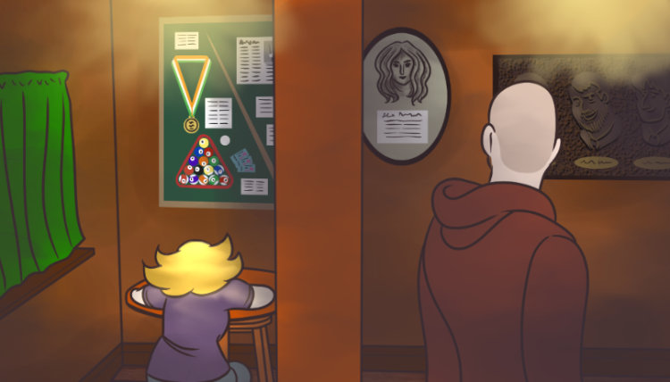 In a dim bar, a man in a red hoodie looks past a column to see Cat with her head down on a table.