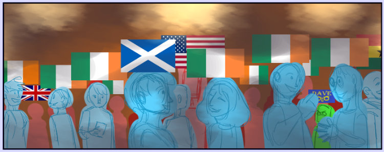 A dim bar scene with simple drawings of people and flags hovering over their heads.