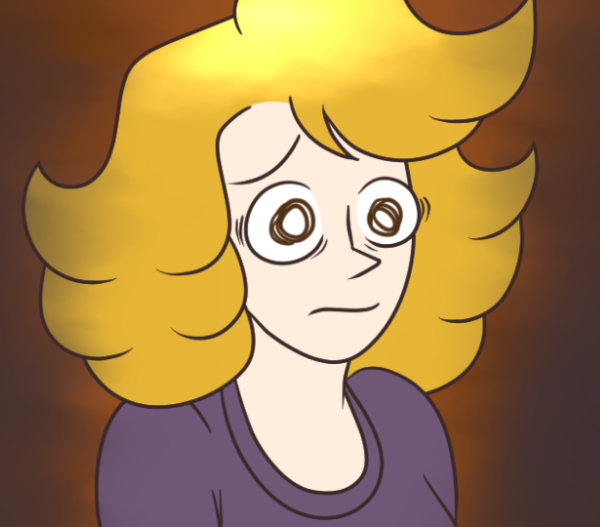 Cat Modean stares at someone sitting across from her. Her eyes are wild with worry.