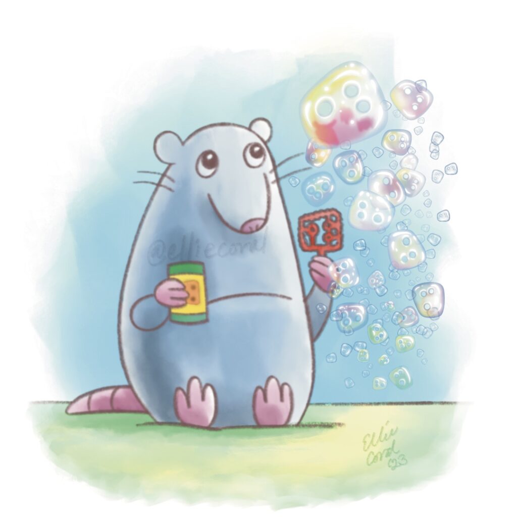 Brick the Rat sits on a piece of sunlit grass, looking curiously at the rainbow-tinted bubbles he just blew into existence. In his right paw, he holds a bottle of bubble mix; it has a simple cheese on the label. In his left paw, he holds a bubble wand that's in the shape of a cheese with holes in it.