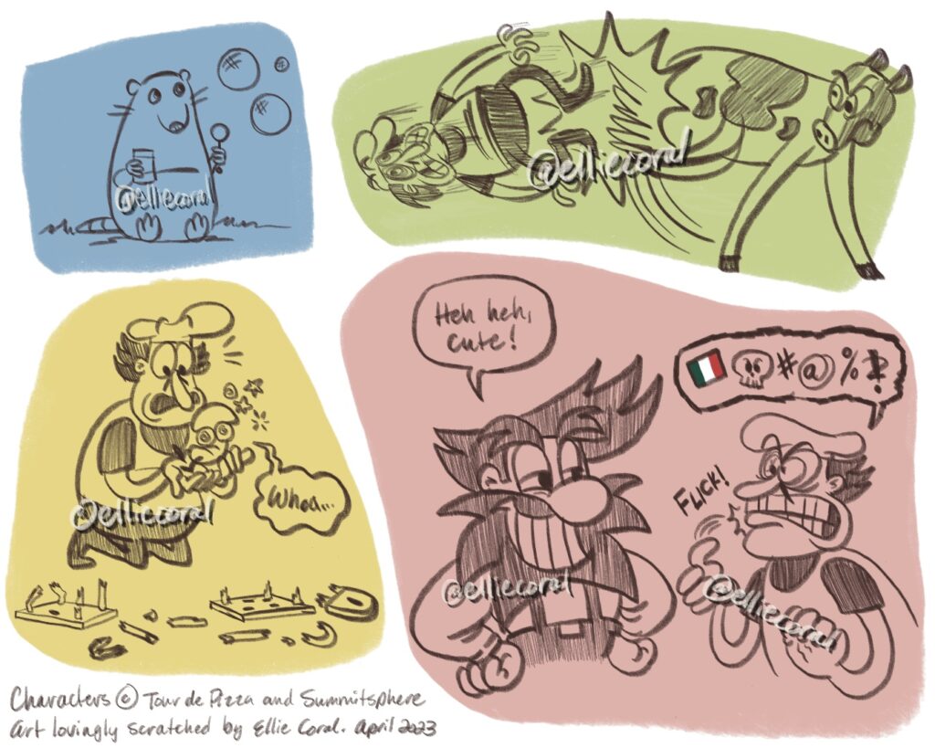 Four sketches: 1 is Brick the rat blowing bubbles, set against a blue background. 2 is Peppino getting kicked by a cow, set against a spring green background. 3 is Peppino holding a recently freed Mushroom in his hands. The Toppin is woozy and gurgles, 'Whoa...'. Set against a mustard yellow background. 4 is Anton chuckling as Peppino flicks his thumb against his teeth in a rude Italian gesture while cursing in symbols. Anton only says, 'Heh heh, cute!' Set against a rose pink background.