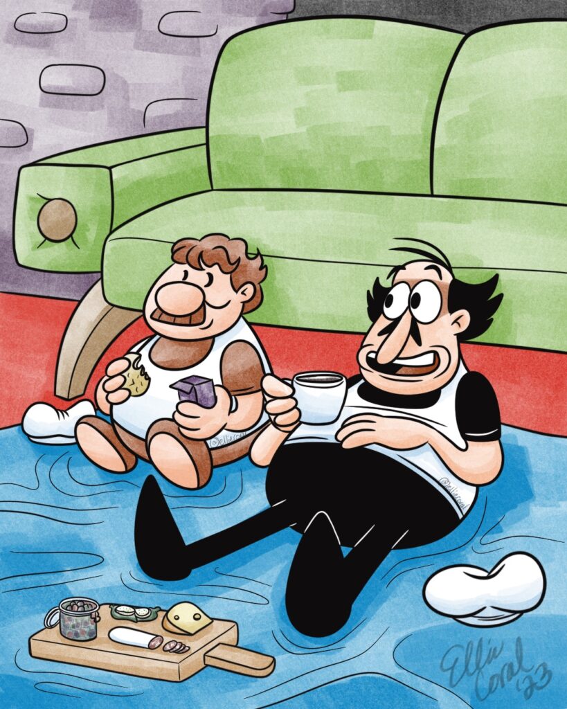 Gustavo and Peppino from Pizza Tower lean against the green couch in the Floor One lobby. They sit on a blue picnic blanket. A wooden board has some olives, sausage, and cheese. Gustavo enjoys a cookie from a box and Peppino has a cup of coffee. They have both taken off their hats and set them aside. They look jovial and relaxed.