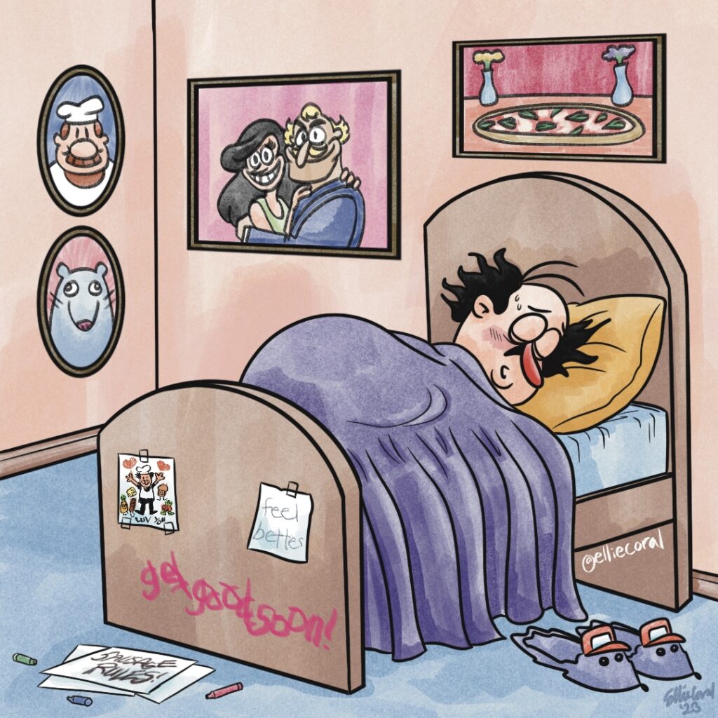 A digital marker illustration of Peppino Spaghetti resting in bed. He has a red nose, pink cheeks, and sweat beads on his forehead. His black hair is a mess. He lies on his left side. A pair of Snick the Porcupine slippers sit near the bed. On the footboard, two papers have been taped to the wood. One is a childish crayon drawing of Peppino and the Toppins with the words 'Luv You' underneath. The second paper has 'feel better'. Someone has scrawled 'get good soon!' in crayon on the wood. Nearby sit some papers and crayons. Someone has written 'SAUSAGE RULES!' on the top paper. On the wall are two oval portraits of Gustavo and Brick. On another wall are a portrait of a brunette woman and a blond man, possibly Peppino's parents; and a cheese and basil pizza.