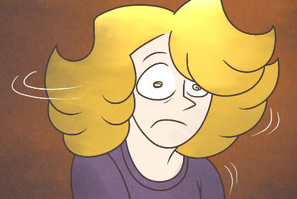 Cat Modean turns her head away quickly, her eyes wide with terror. She's hoping to avoid eye contact with someone and drawing their attention.