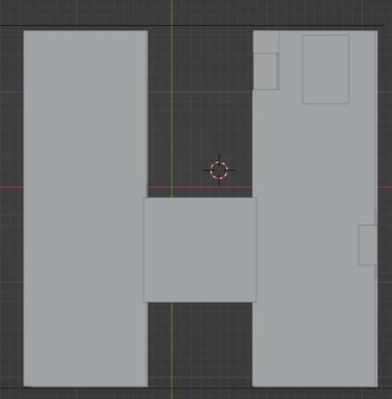 A top-down view of a 3D model house done in grey boxes. It resembles an uppercase H.