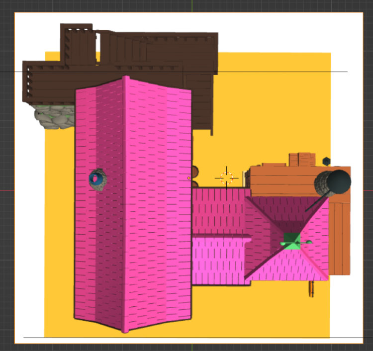 A top-down view of a 3D model house. The left section is longer than the right section; the right section looks more like a square. A short gallery section connects the two.
