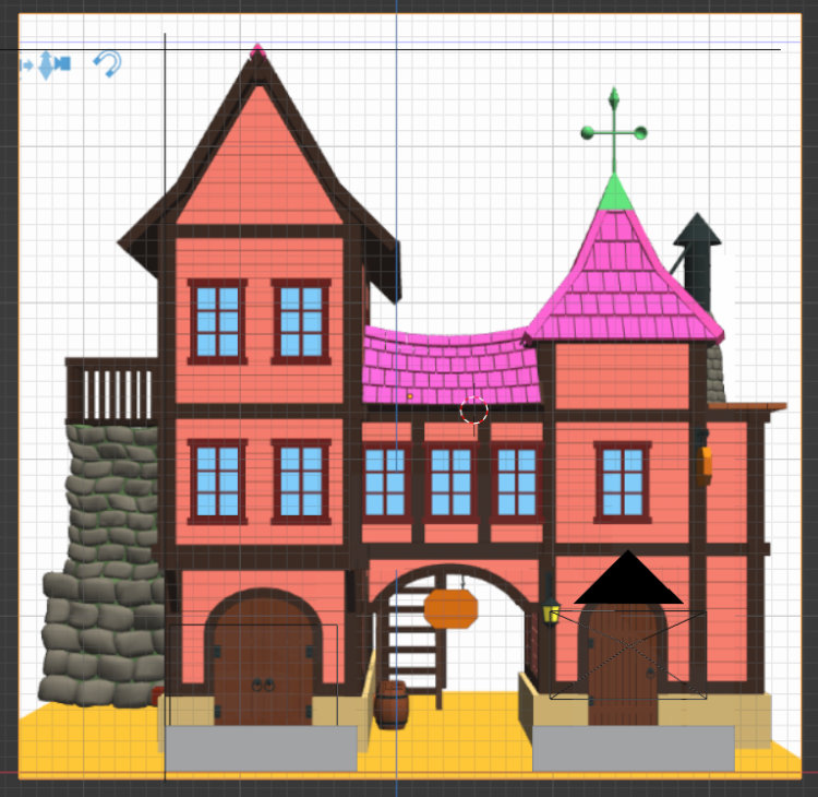 The front of a 3D medieval-style house. The left section is three stories tall, with a gallery-type section connecting it to the right section, which is two stories.