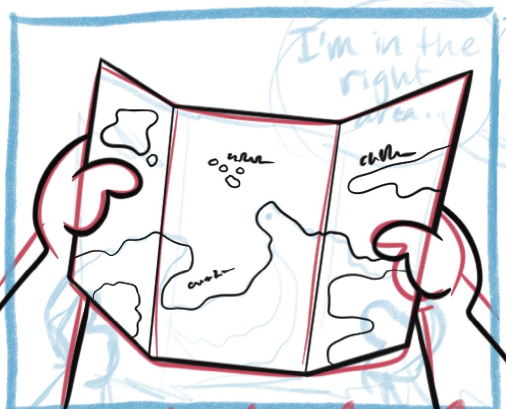 An inked drawing of Gustavo's hands holding a map. Underneath are the red and blue sketch marks.