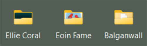 Three desktop folders with the labels Ellie Coral, Eoin Fame, and Balganwall