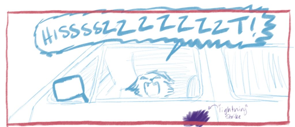 A blue and red sketch of the gremlin, a cat-like creature, hissing from the driver side window of a van. It is from an upward perspective, giving the viewer the feeling that the gremlin is hissing at them.