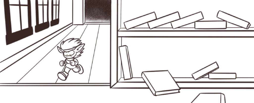 A line drawing of a brownie running down a windowed gallery into a room with a sliding bookcase.