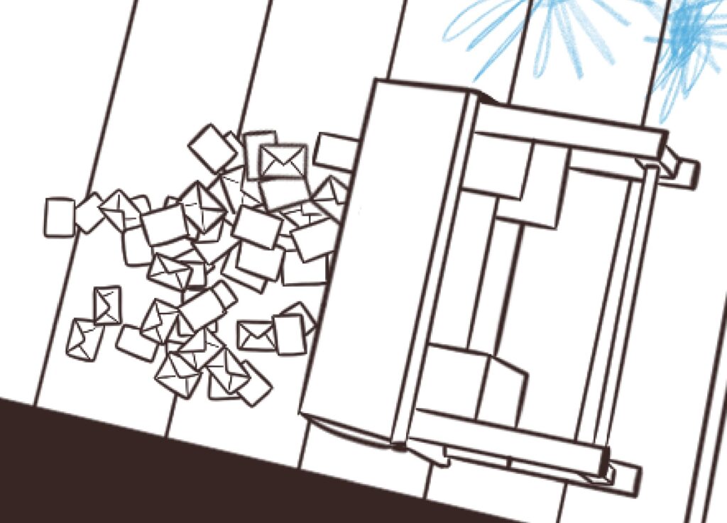 An ink drawing of a desk turned over, with envelopes scattered all around, as viewed from above.