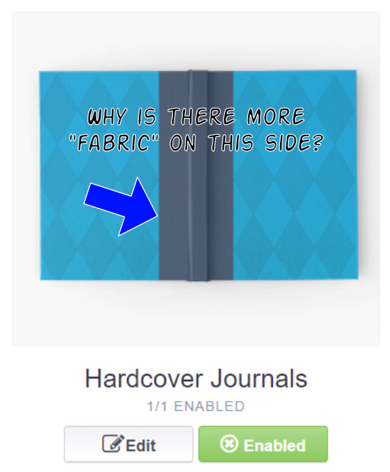 A preview image of a hardcover journal design. This is an illusion of embossed diamonds on a soft blue background. In the middle is a navy blue strip of fabric. Over the image is the text, 'Why is there more 'fabric' on this side?' A blue arrow on the left side of the design points to the fabric edge.