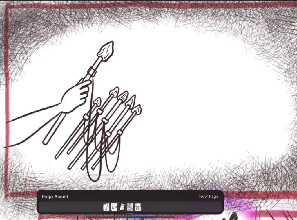 An inked drawing of a hand holding up a wand with a crystal. Five other wands, connected to the first via a cable, hover in the air.