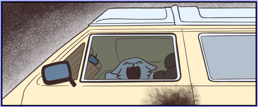 The catlike gremlin looks down at the viewer, his mouth open in a hiss.