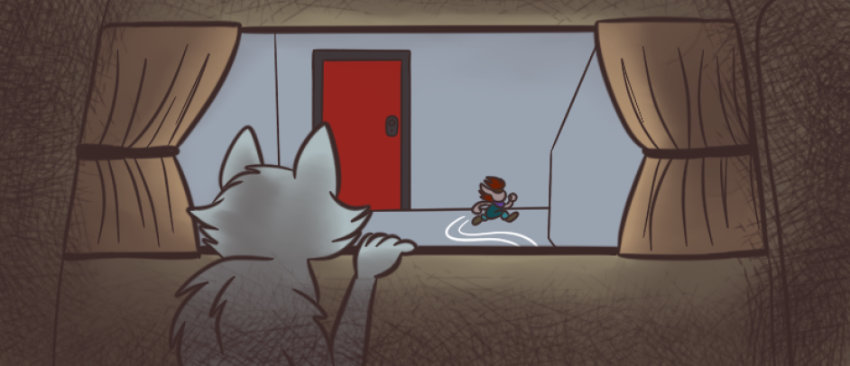 The catlike gremlin stares through the back window of the van at Bitsy the brownie as she turns to run up the stairs.