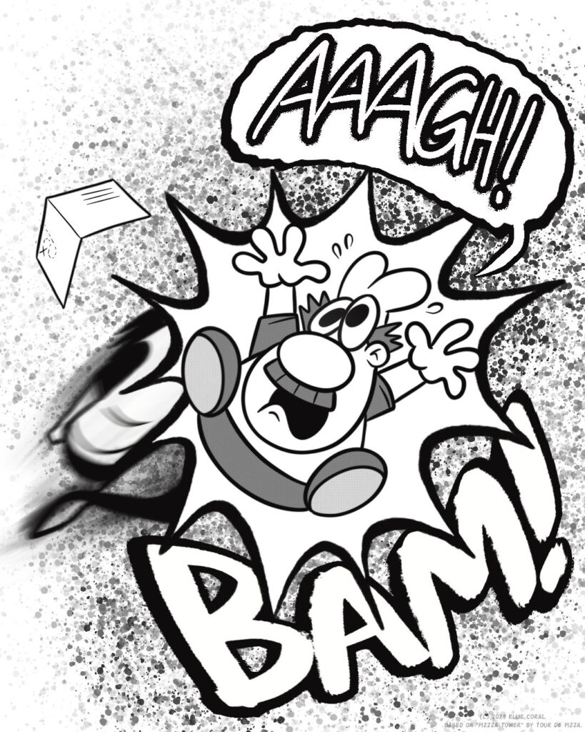Panel 5 - In a violence of speckles in the background, Peppino goes charging into Gustavo and send him and his map flying. - Gustavo: AAAGH! - SFX: BAM!